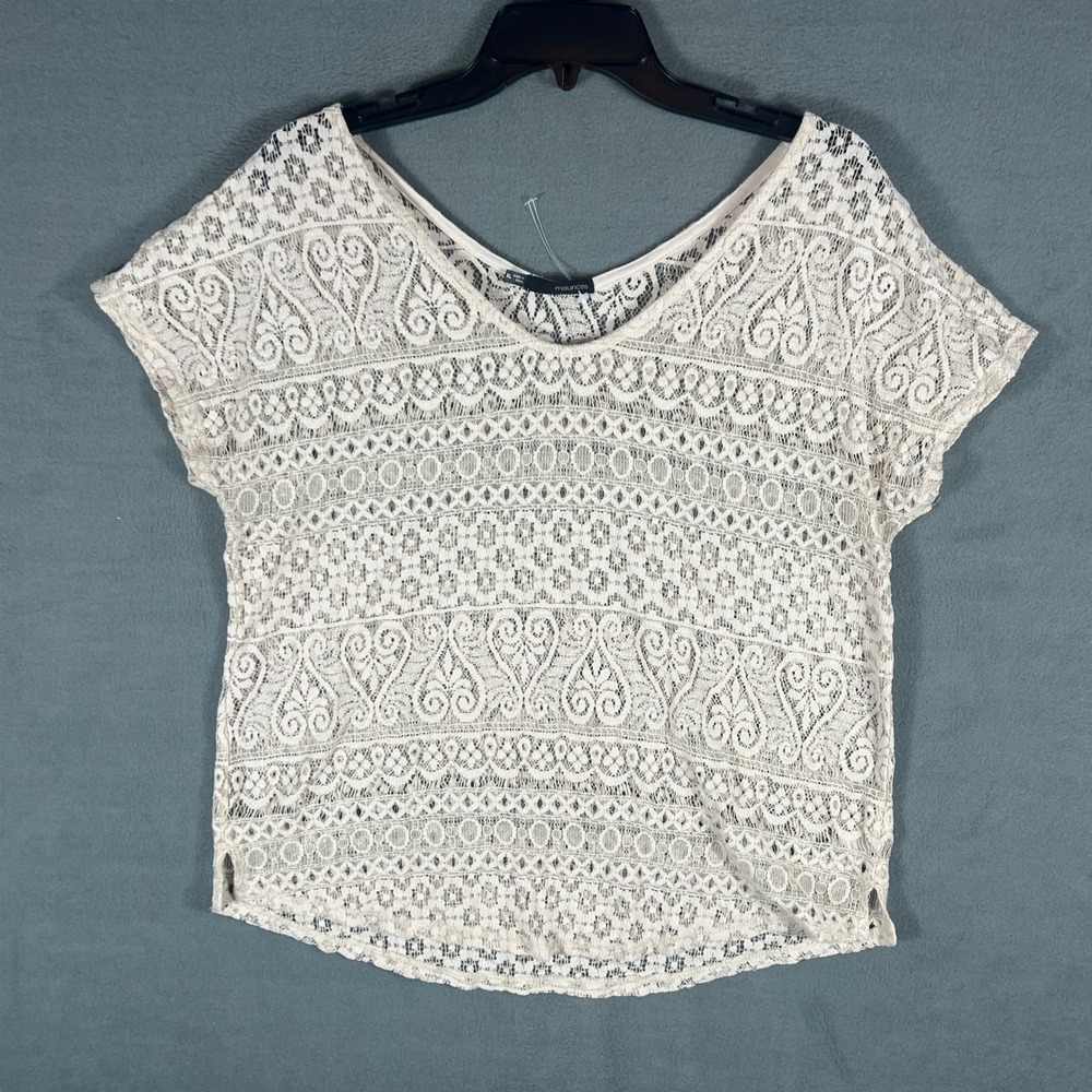 Maurices Womens Top XL Cream Floral Lace Relaxed Short Sleeve Scoop Neck Vintage